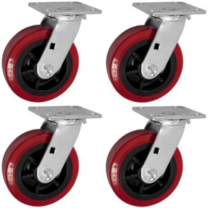 ICONCASTERWHEELS 6" x 2" Replacement Heavy Duty Industrial Casters, Top Plate 4" x 4.5", Red, Non-Marking Pro-Tech Polyurethane Wheel, Load Capacity 3600 lbs. per Set (4-Pack)