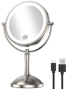 gospire 8'' lighted makeup mirror with double sided 1x/10x magnification, [54 led lights & 3 color lighting & adjustable brightness] touch control cosmetic mirror [rechargeable] vanity mirror