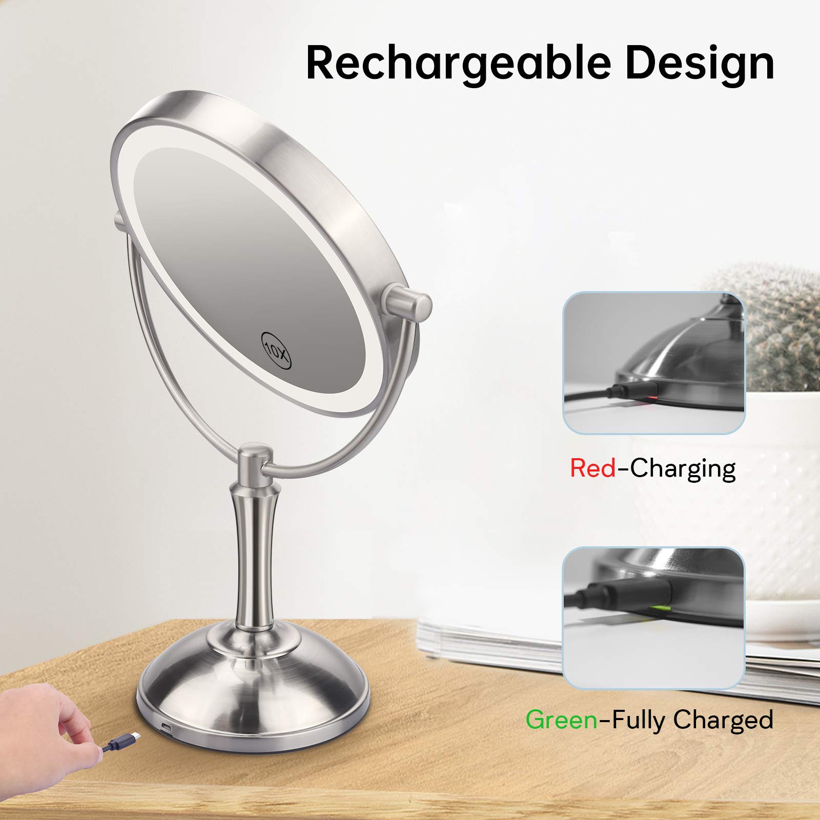 Gospire 8'' Lighted Makeup Mirror with Double Sided 1X/10X Magnification, [54 LED Lights & 3 Color Lighting & Adjustable Brightness] Touch Control Cosmetic Mirror [Rechargeable] Vanity Mirror