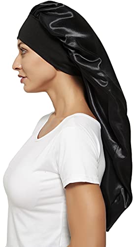 Wbfwbb Braid Bonnet for Sleeping, Wide Elastic Band Satin Hair Wrap Sleeping Cap for Women Cap for Braids, Curly, Long Hair Black