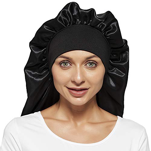 Wbfwbb Braid Bonnet for Sleeping, Wide Elastic Band Satin Hair Wrap Sleeping Cap for Women Cap for Braids, Curly, Long Hair Black