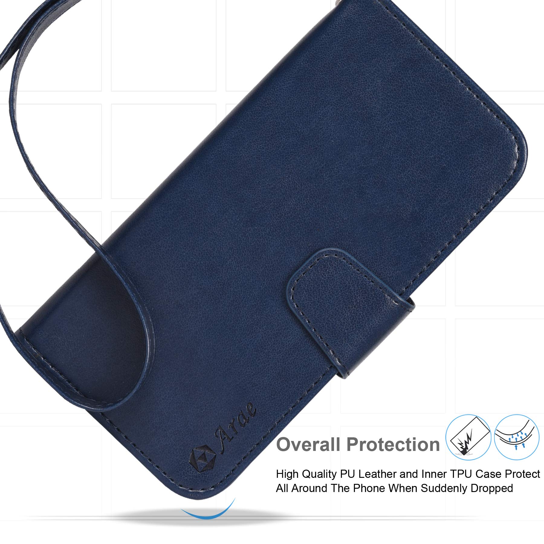 Arae Compatible with iPhone 12 Case and iPhone 12 Pro Case Wallet Flip Cover with Card Holder and Wrist Strap for iPhone 12/12 Pro 6.1 inch - Blue