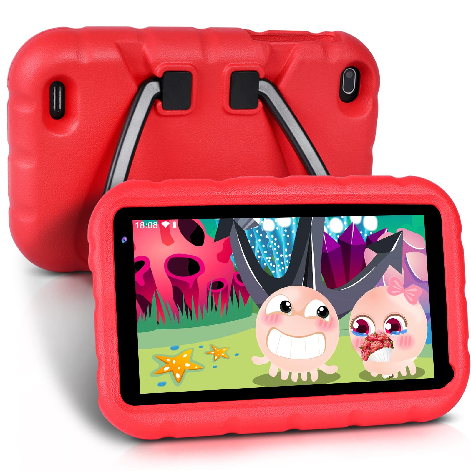 YESTEL Tablet for Kids 7 Inches, Android 11 FHD Kids Tablet 2GB RAM 32GB (Up to 128GB) with Shock- Proof Case, Reversible Stand, Dual Cameras, Red