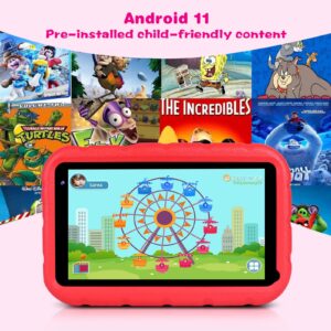 YESTEL Tablet for Kids 7 Inches, Android 11 FHD Kids Tablet 2GB RAM 32GB (Up to 128GB) with Shock- Proof Case, Reversible Stand, Dual Cameras, Red