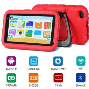 YESTEL Tablet for Kids 7 Inches, Android 11 FHD Kids Tablet 2GB RAM 32GB (Up to 128GB) with Shock- Proof Case, Reversible Stand, Dual Cameras, Red