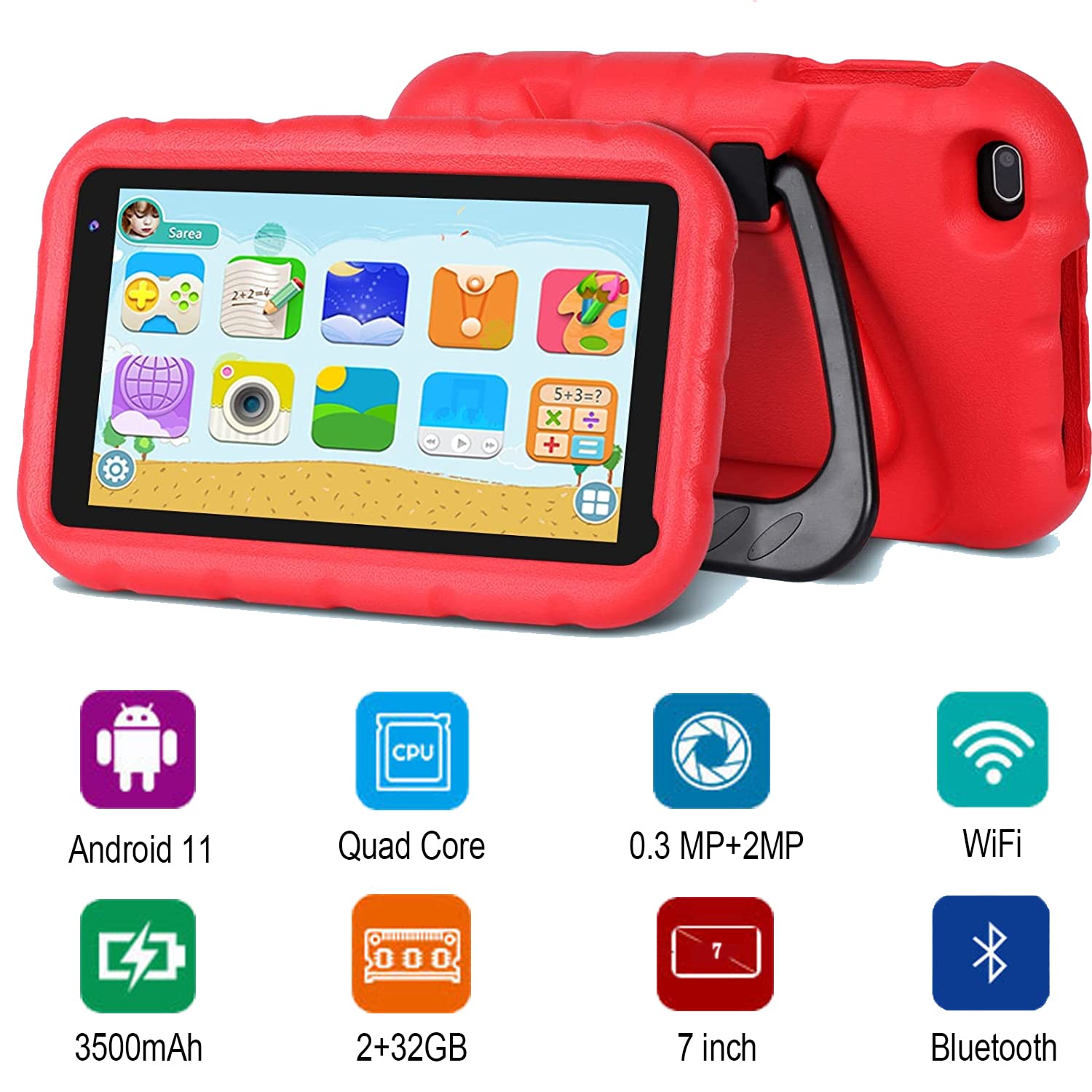 YESTEL Tablet for Kids 7 Inches, Android 11 FHD Kids Tablet 2GB RAM 32GB (Up to 128GB) with Shock- Proof Case, Reversible Stand, Dual Cameras, Red