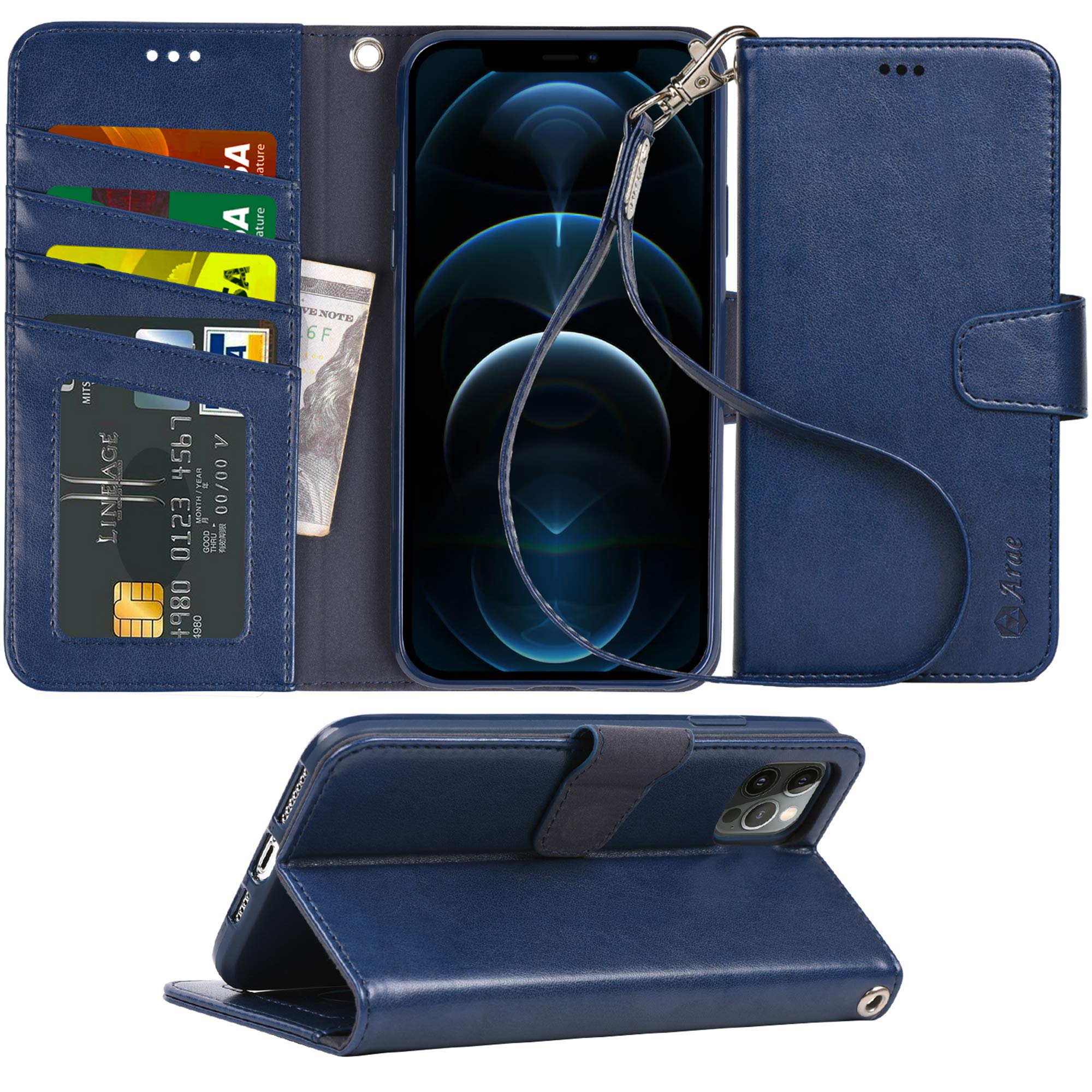 Arae Compatible with iPhone 12 Pro Max Case Wallet Flip Cover with Card Holder and Wrist Strap - Blue