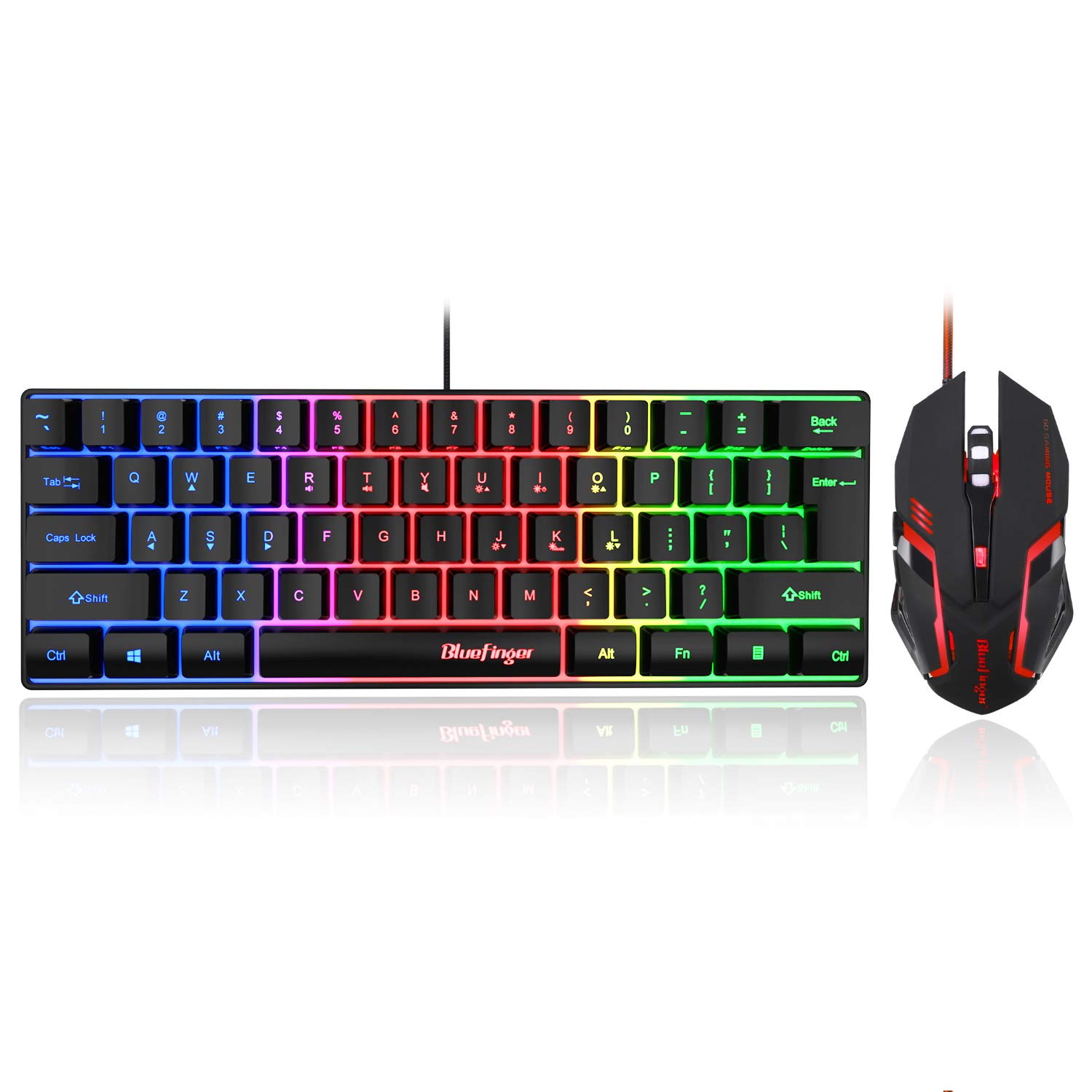 BlueFinger 60% Gaming Keyboard and Mouse Combo, Compact 61 Keys RGB Rainbow Backlit USB Wired Gaming Keyboard with Illuminated Gaming Mouse for PC Laptop Computer Gamer Office Work