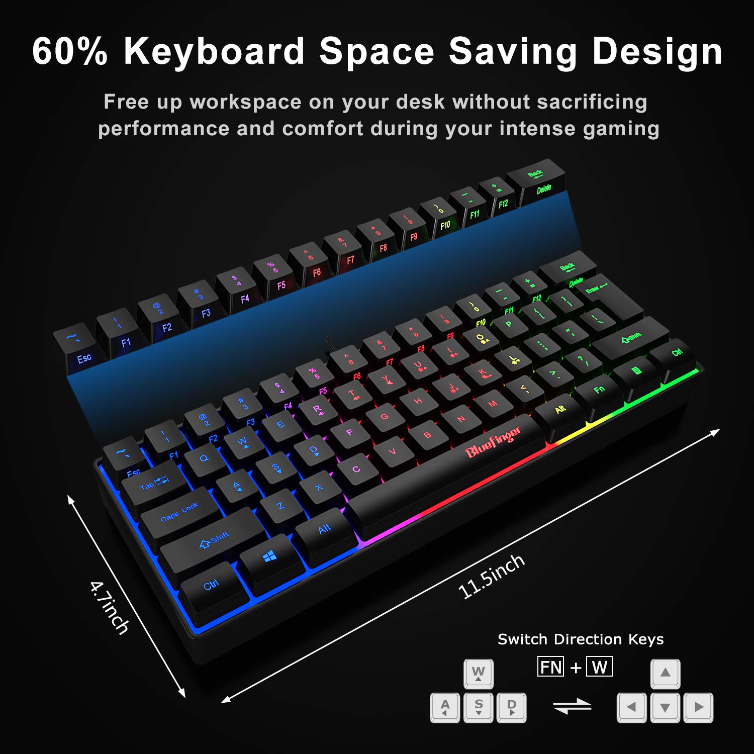 BlueFinger 60% Gaming Keyboard and Mouse Combo, Compact 61 Keys RGB Rainbow Backlit USB Wired Gaming Keyboard with Illuminated Gaming Mouse for PC Laptop Computer Gamer Office Work