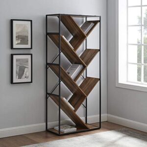walker edison modern v-shaped open shelf metal wood bookcase tall bookshelf storage home office, 68 inch, rustic oak