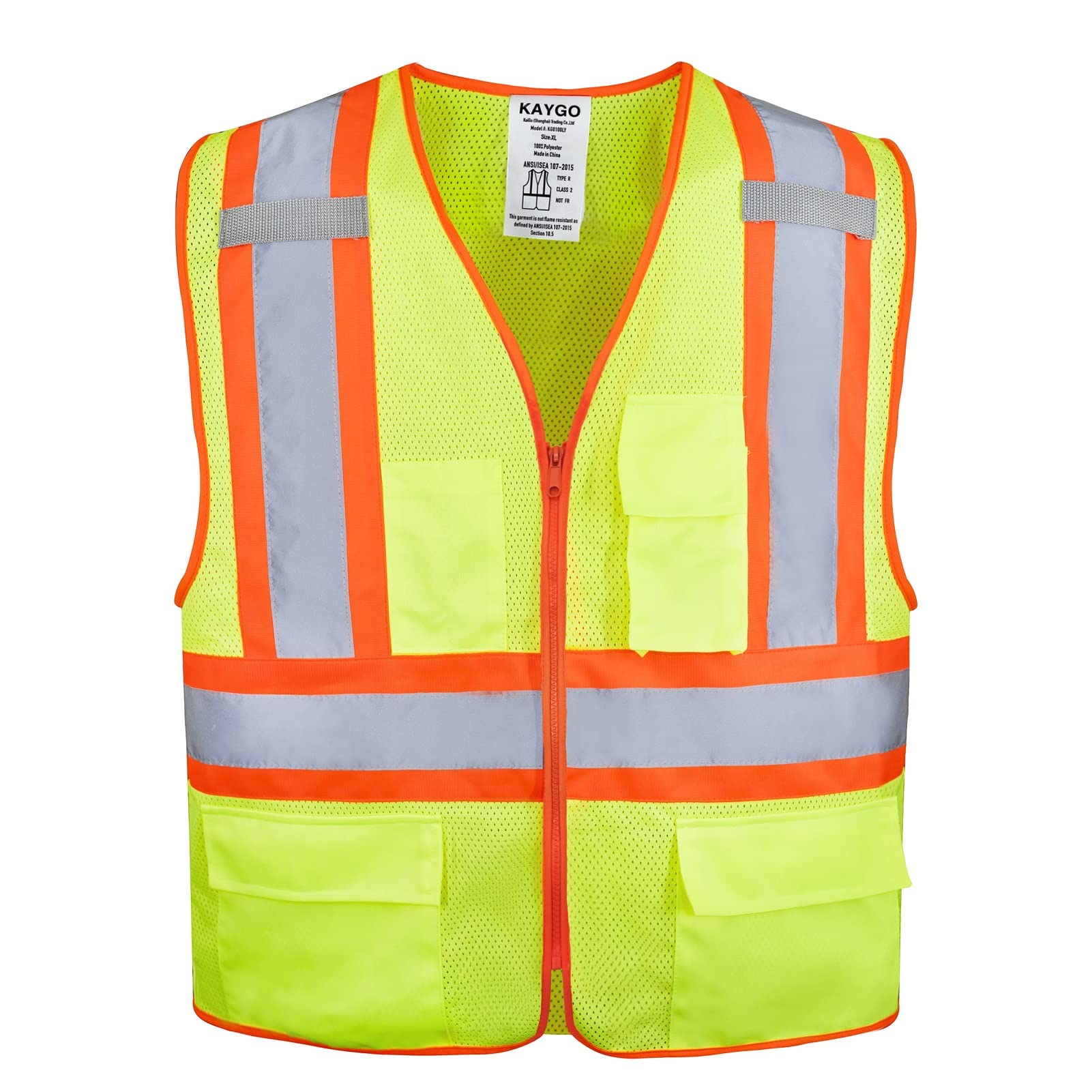 KAYGO High Visibility Safety Vests KG0100, Reflective Vest with Pockets and Zipper, ANSI Type R Class 2 Not FR(M, Yellow)