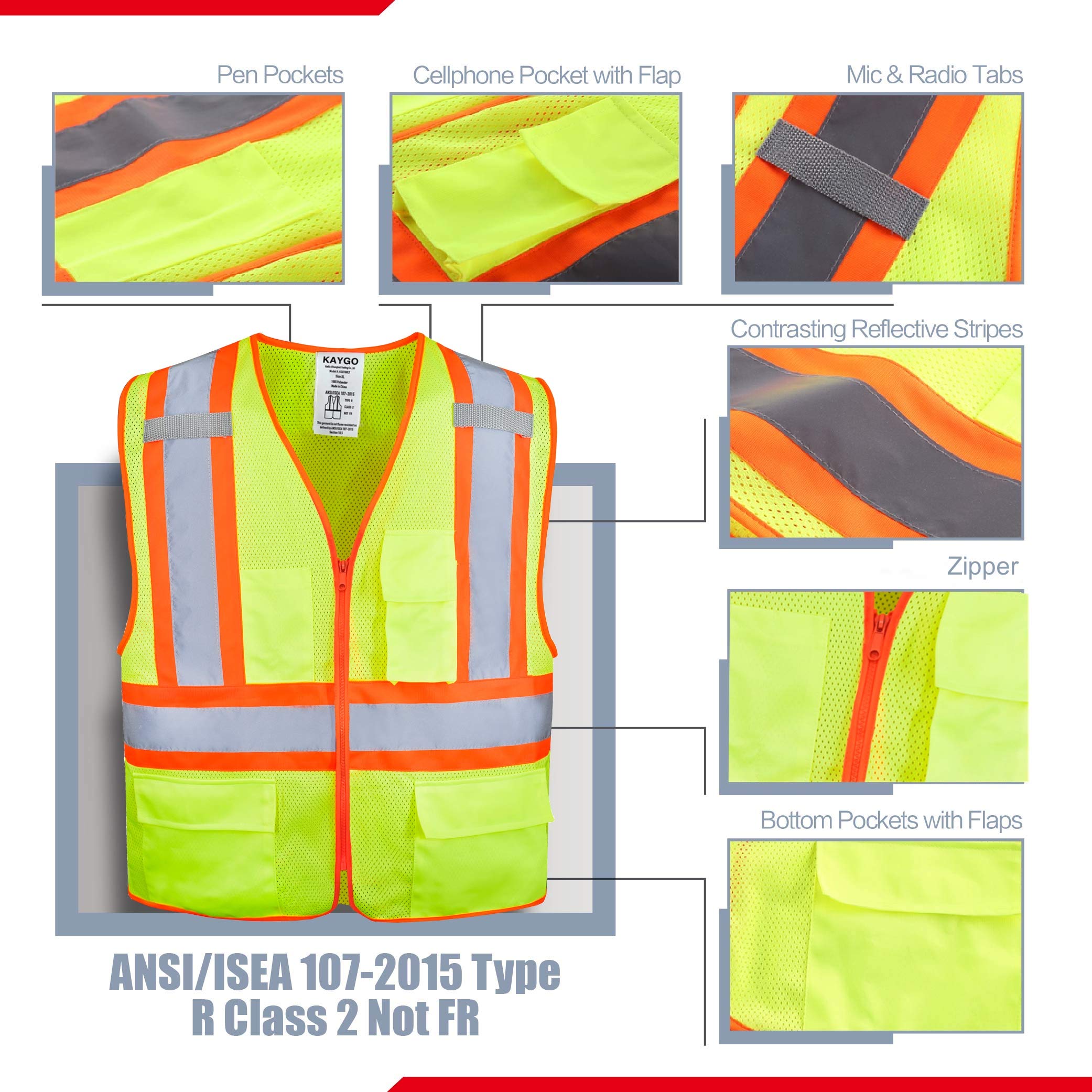 KAYGO High Visibility Safety Vests KG0100, Reflective Vest with Pockets and Zipper, ANSI Type R Class 2 Not FR(M, Yellow)