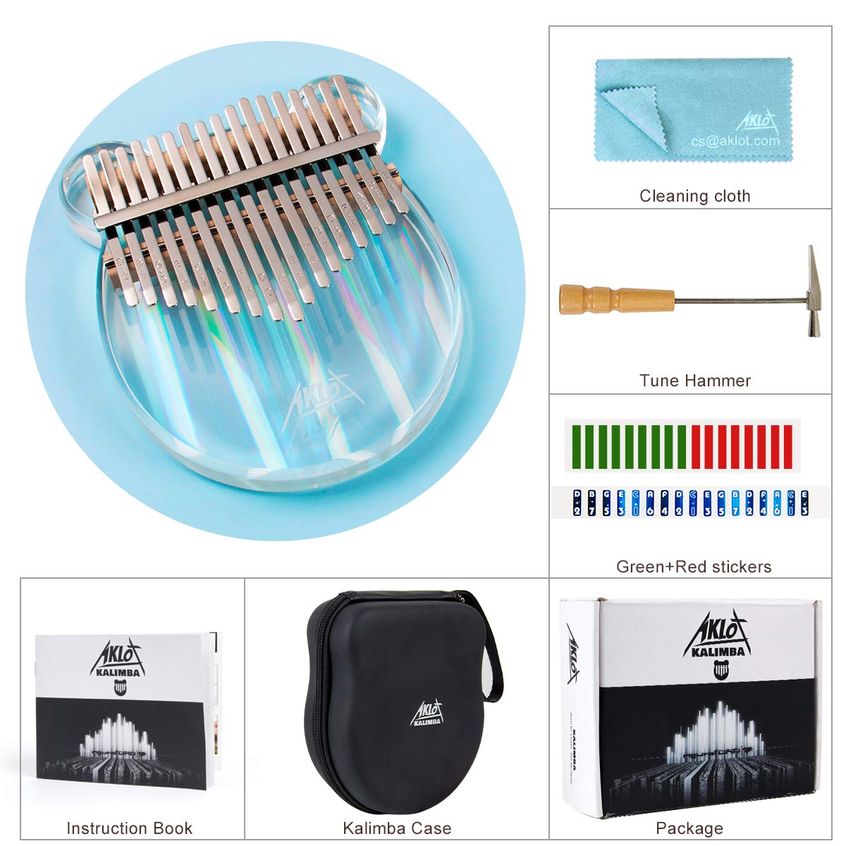 Kalimba, AKLOT Thumb Piano 17 Keys Crystal Finger Piano Rainbow Bear Start Kits with Protective Case Tuning Hammer Study Booklet Cleaning Cloth