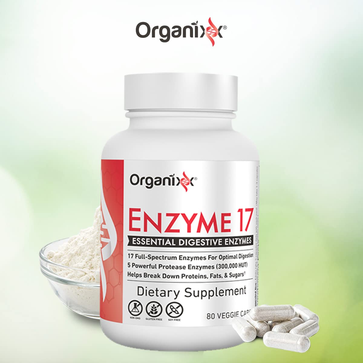 Organixx Enzyme 17 Essential Digestive Enzymes, for Optimal Digestion & Gut Health, Support for Bloating, Gas, Nutrient Absorption & Immunity, Non GMO, Vegan, 80 Veggie Capsules