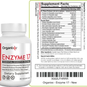 Organixx Enzyme 17 Essential Digestive Enzymes, for Optimal Digestion & Gut Health, Support for Bloating, Gas, Nutrient Absorption & Immunity, Non GMO, Vegan, 80 Veggie Capsules