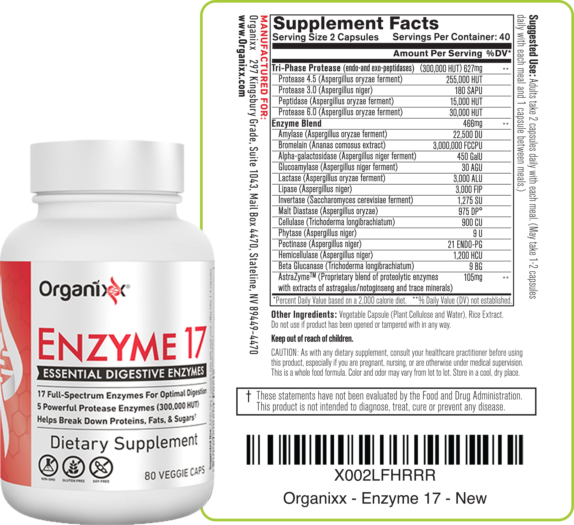 Organixx Enzyme 17 Essential Digestive Enzymes, for Optimal Digestion & Gut Health, Support for Bloating, Gas, Nutrient Absorption & Immunity, Non GMO, Vegan, 80 Veggie Capsules