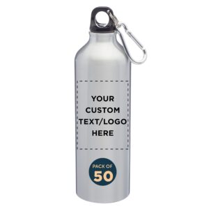 discount promos custom aluminum water bottles with carabiner 24 oz. set of 50, personalized bulk pack - perfect for gym, hiking, camping, running, mountain bike, outdoor sports - silver