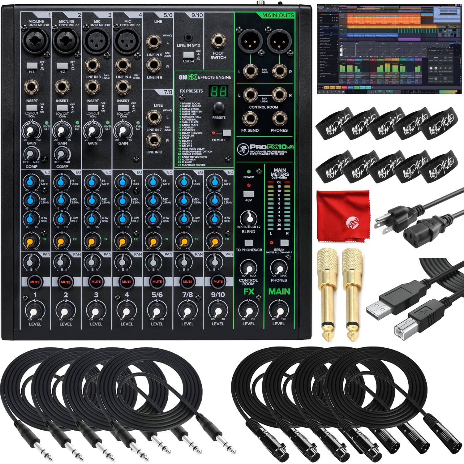 Mackie ProFX10v3 10-Channel Unpowered Mixer USB Bundle with Waveform OEM DAW, 4x Mophead 10-Foot TRS Cable, 4x 10-Foot XLR Cable, 2x 1/4" to 3.5mm Adapter, 10x Cable Ties and Microfiber Cloth