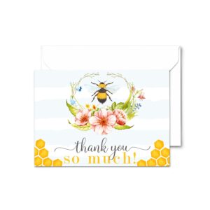 paper clever party bee thank you cards with envelopes for baby shower, gender reveal, wedding, everyday occasions, rustic bumblebee and floral stationery simple folded note set, 25 pack