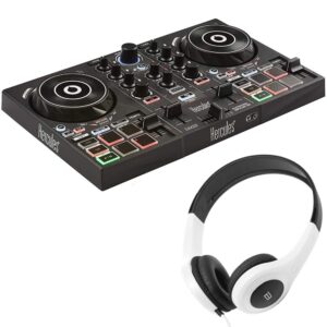 HERCULES AMS-DJC-INPULSE-200 DJControl Inpulse 200 2-Channel DJ Controller for DJUCED Bundle with Bytech Stereo Headphones DJ Style Headset (White)