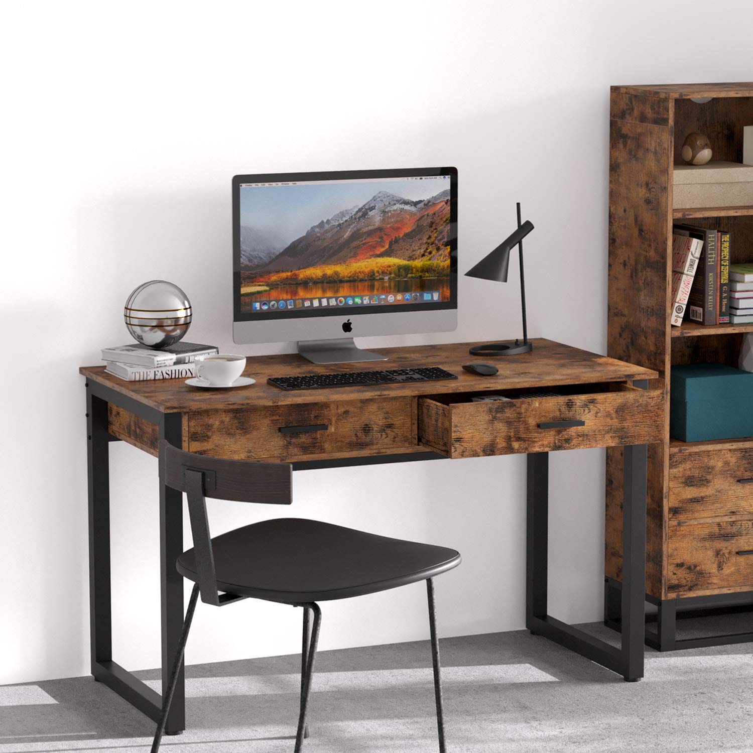 IRONCK Computer Desk, 47" Writing Study Table with 2 Drawers, Wood Metal Home Office Desk, Laptop Notebook PC Workstation, Easy Assembly, Industrial Style