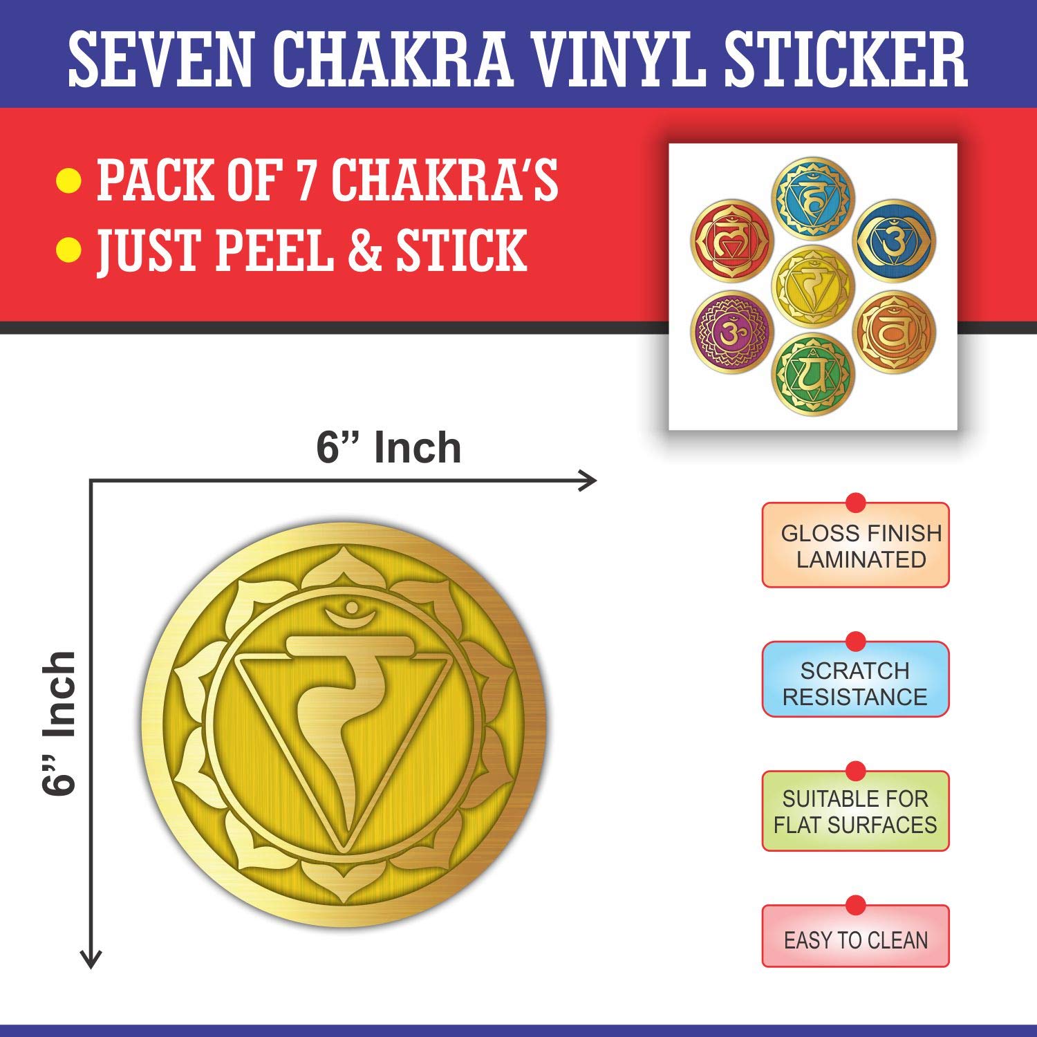 Seven Chakra Wall Stickers - (Set of 7) 6" Large Round Vinyl Decals for Yoga Meditation Room Art Decor