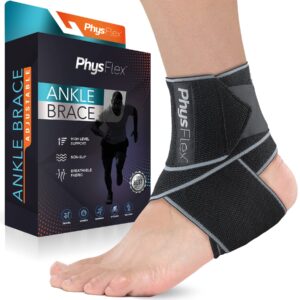 physflex ankle brace - compression sleeve with adjustable strap & comfy ankle support perfect for sprained ankle, achilles tendon, plantar fasciitis & sports - ideal for men & women (1, gray)