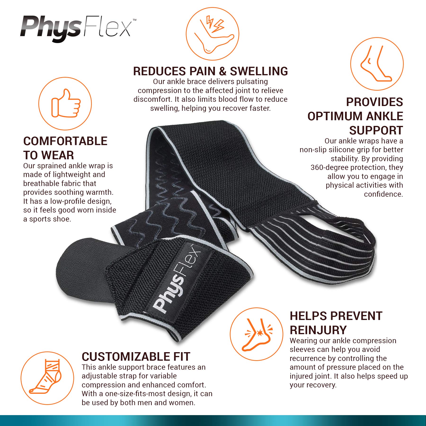 PhysFlex Ankle Brace - Compression Sleeve with Adjustable Strap & Comfy Ankle Support Perfect for Sprained Ankle, Achilles Tendon, Plantar Fasciitis & Sports - Ideal for Men & Women (1, Gray)