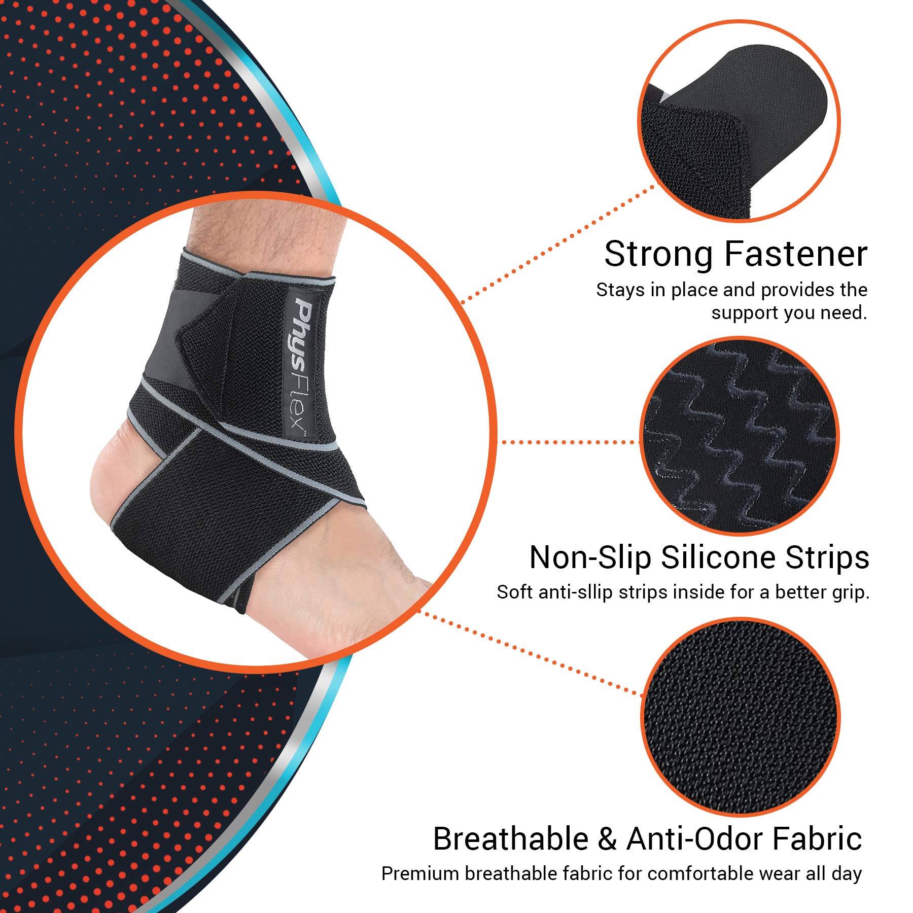 PhysFlex Ankle Brace - Compression Sleeve with Adjustable Strap & Comfy Ankle Support Perfect for Sprained Ankle, Achilles Tendon, Plantar Fasciitis & Sports - Ideal for Men & Women (1, Gray)