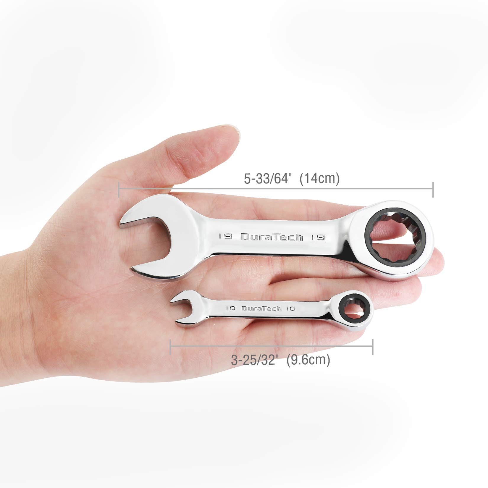 DURATECH Stubby Ratcheting Combination Wrench Set, Metric, 8-piece, 10, 11, 13, 14, 16, 17, 18, 19mm, CR-V Steel, with Pouch