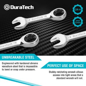 DURATECH Stubby Ratcheting Combination Wrench Set, Metric, 8-piece, 10, 11, 13, 14, 16, 17, 18, 19mm, CR-V Steel, with Pouch