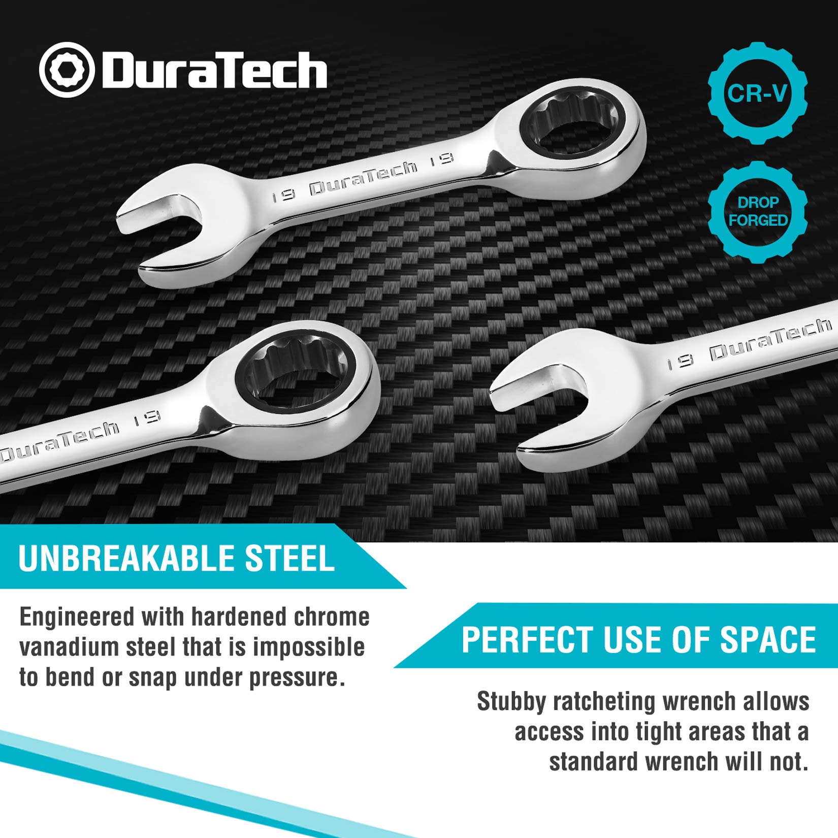 DURATECH Stubby Ratcheting Combination Wrench Set, Metric, 8-piece, 10, 11, 13, 14, 16, 17, 18, 19mm, CR-V Steel, with Pouch