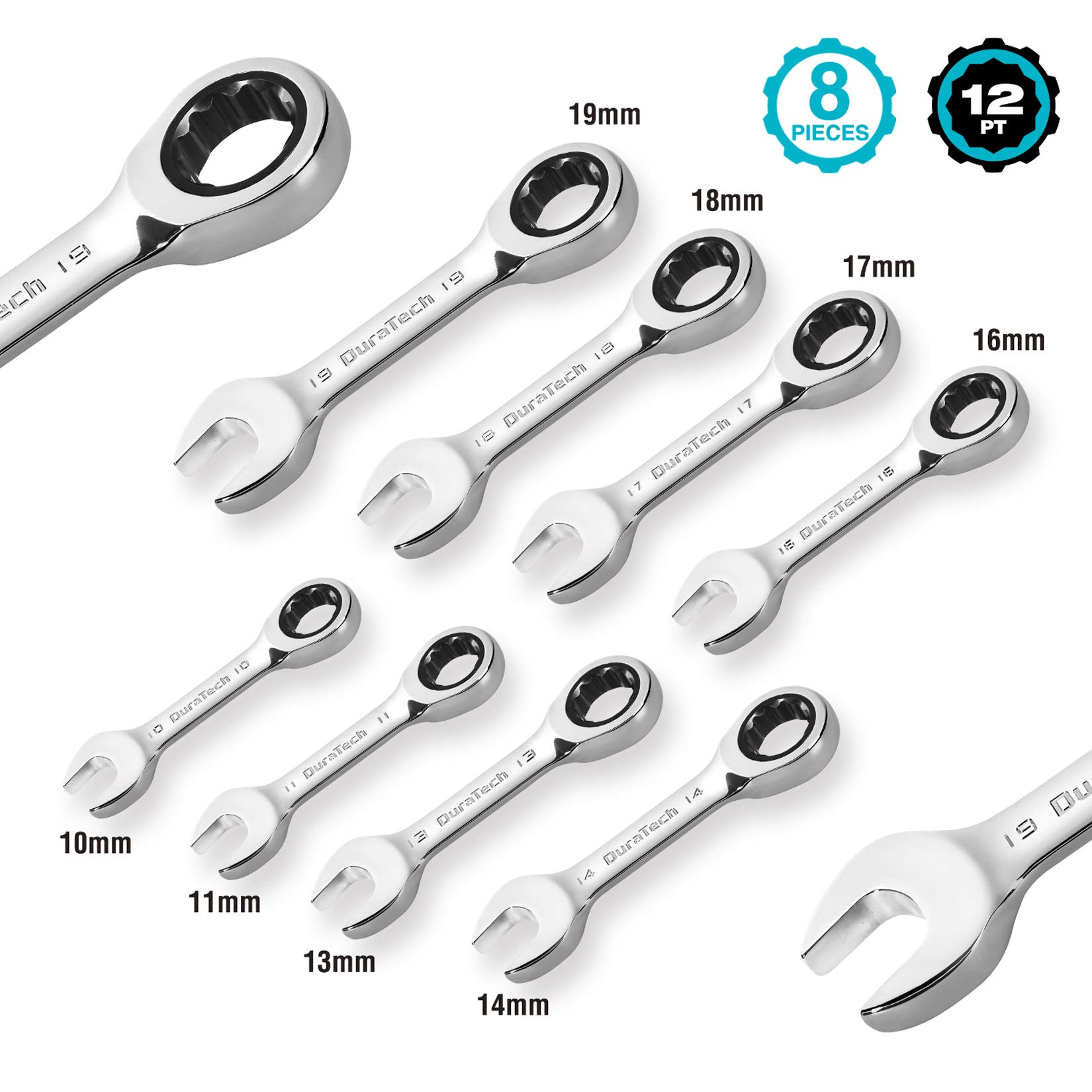 DURATECH Stubby Ratcheting Combination Wrench Set, Metric, 8-piece, 10, 11, 13, 14, 16, 17, 18, 19mm, CR-V Steel, with Pouch