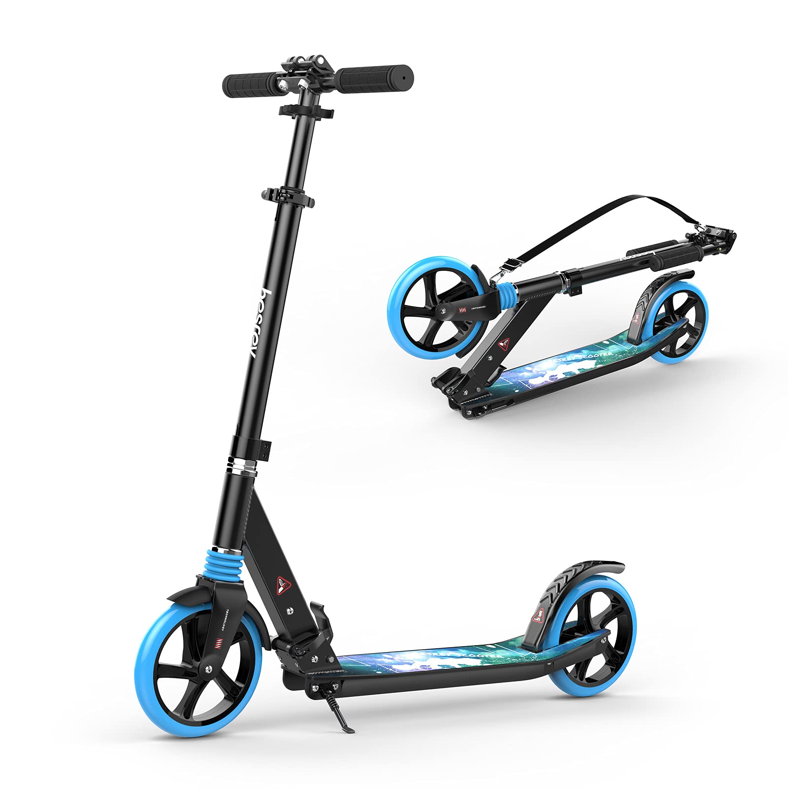 besrey Kick Scooters for Kids 8 Years and up-Teen and Adult Scooter 8" Big Wheels-Foldable Kick Scooters up to 220 Lbs-4 Levels Height Adjustment with Carry Strap (Blue)