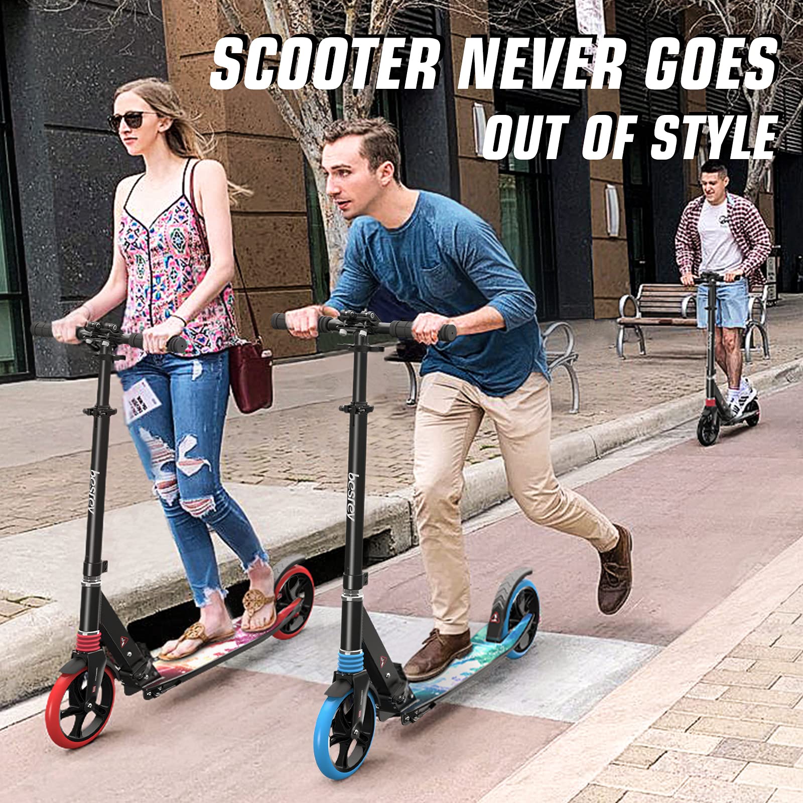 besrey Kick Scooters for Kids 8 Years and up-Teen and Adult Scooter 8" Big Wheels-Foldable Kick Scooters up to 220 Lbs-4 Levels Height Adjustment with Carry Strap (Blue)