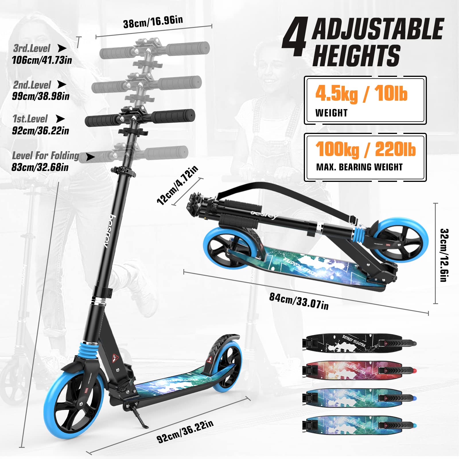 besrey Kick Scooters for Kids 8 Years and up-Teen and Adult Scooter 8" Big Wheels-Foldable Kick Scooters up to 220 Lbs-4 Levels Height Adjustment with Carry Strap (Blue)