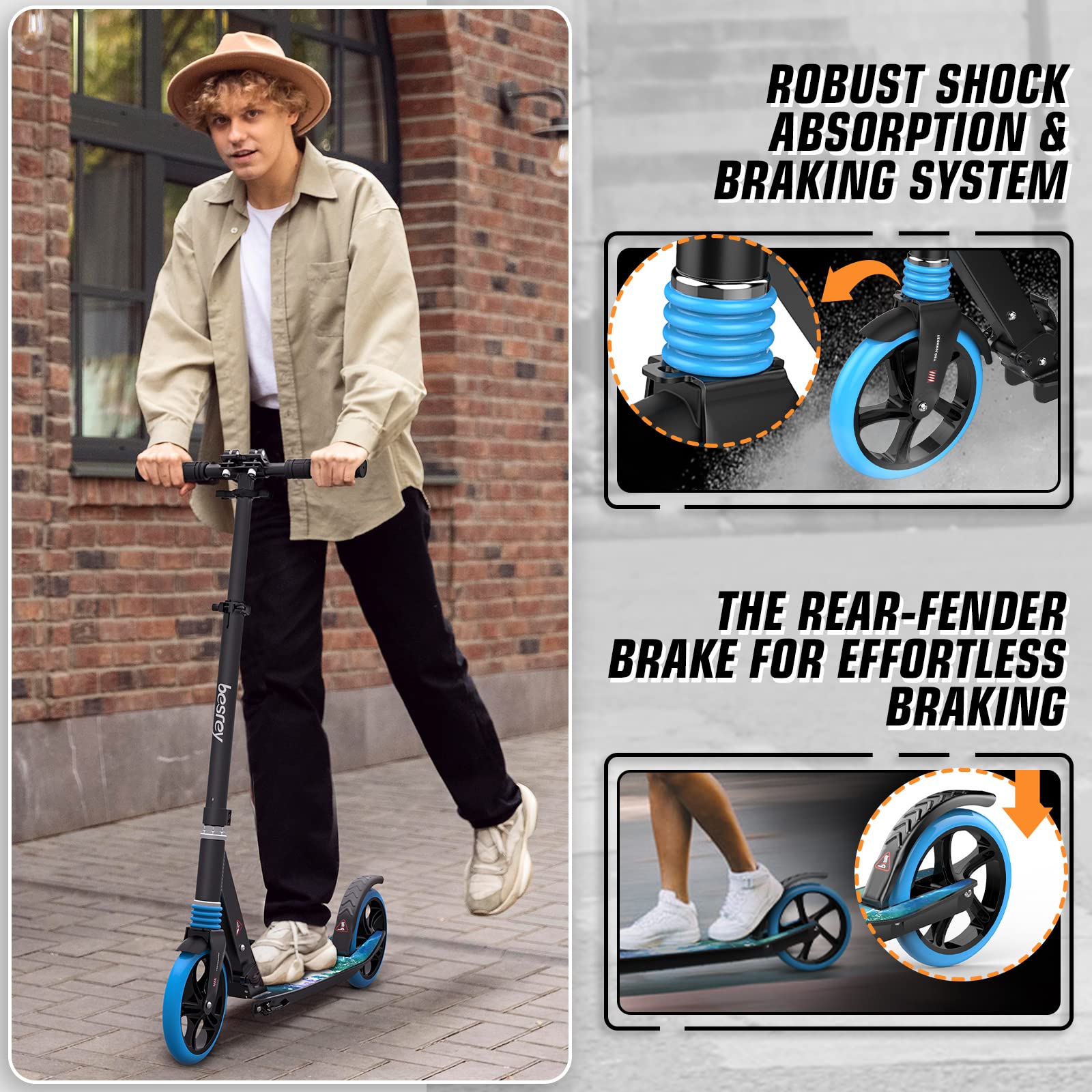 besrey Kick Scooters for Kids 8 Years and up-Teen and Adult Scooter 8" Big Wheels-Foldable Kick Scooters up to 220 Lbs-4 Levels Height Adjustment with Carry Strap (Blue)