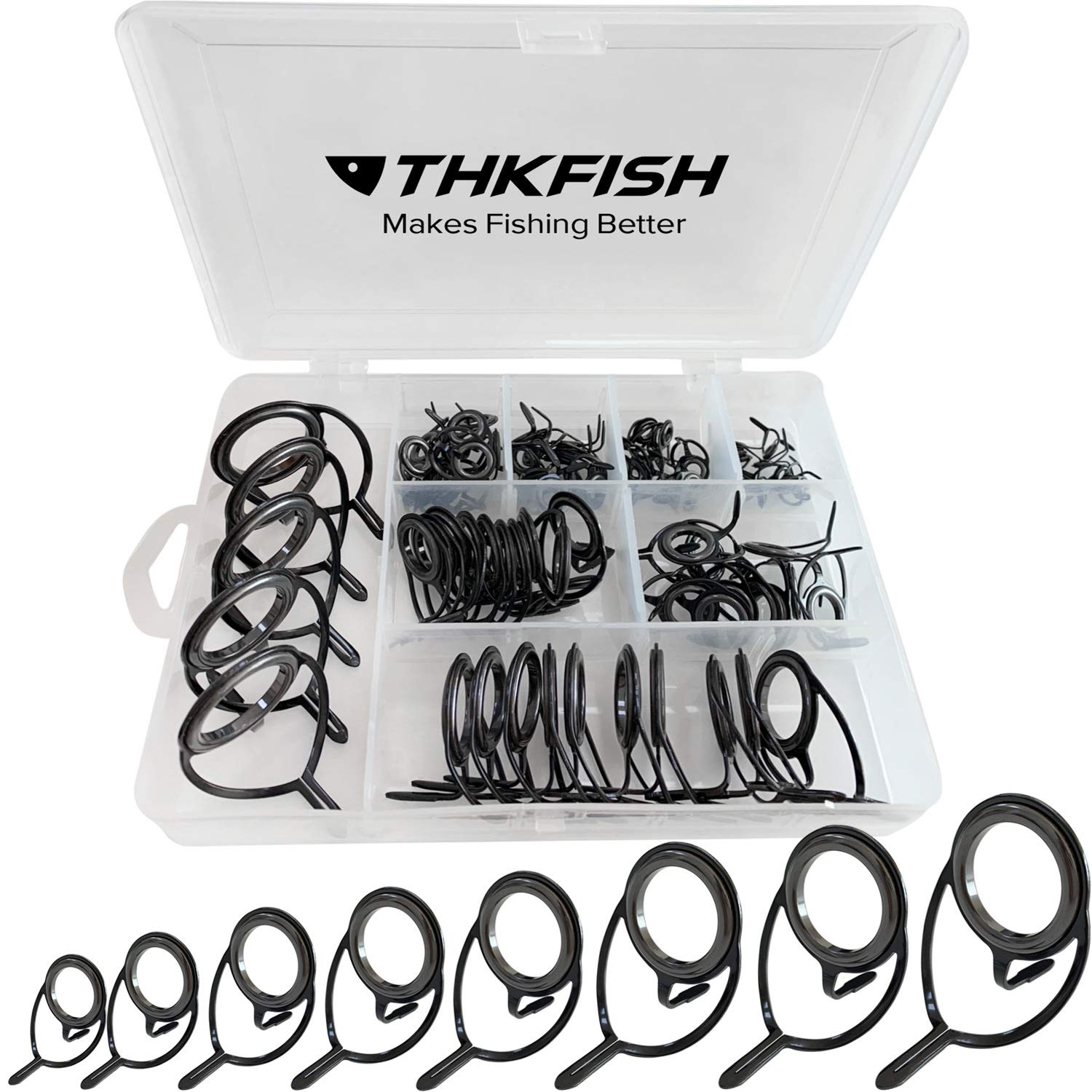 THKFISH Fishing Rod Guides Fishing Rod Repair Kit Baitcasting/Spinning Rod Guides Ceramics Stainless Steel Carbon Guide Repair Black- Frame 75pcs