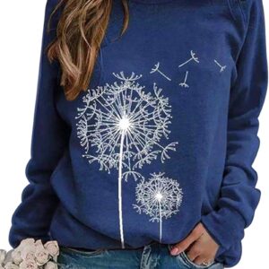 BANGELY Womens Dandelion Sweatshirt Casual Crewneck Loose Pullover Tops Long Sleeve Graphic Tee Shirt Blue