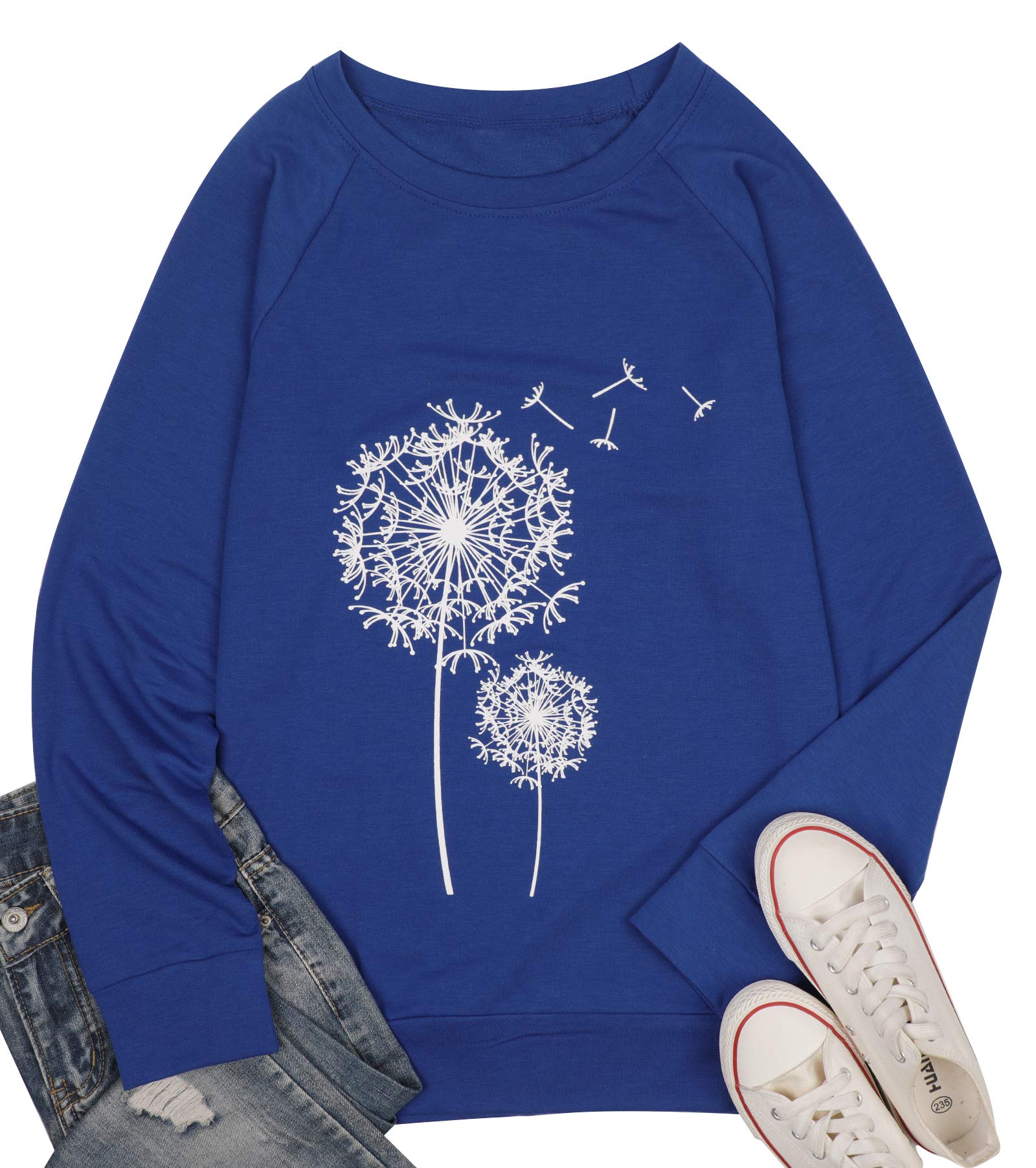 BANGELY Womens Dandelion Sweatshirt Casual Crewneck Loose Pullover Tops Long Sleeve Graphic Tee Shirt Blue