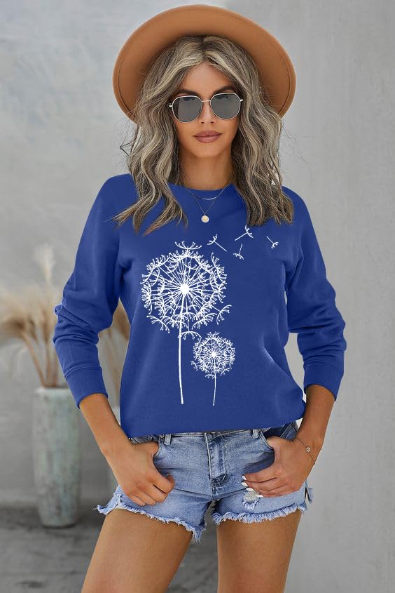 BANGELY Womens Dandelion Sweatshirt Casual Crewneck Loose Pullover Tops Long Sleeve Graphic Tee Shirt Blue