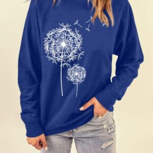 BANGELY Womens Dandelion Sweatshirt Casual Crewneck Loose Pullover Tops Long Sleeve Graphic Tee Shirt Blue