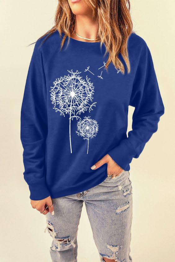 BANGELY Womens Dandelion Sweatshirt Casual Crewneck Loose Pullover Tops Long Sleeve Graphic Tee Shirt Blue