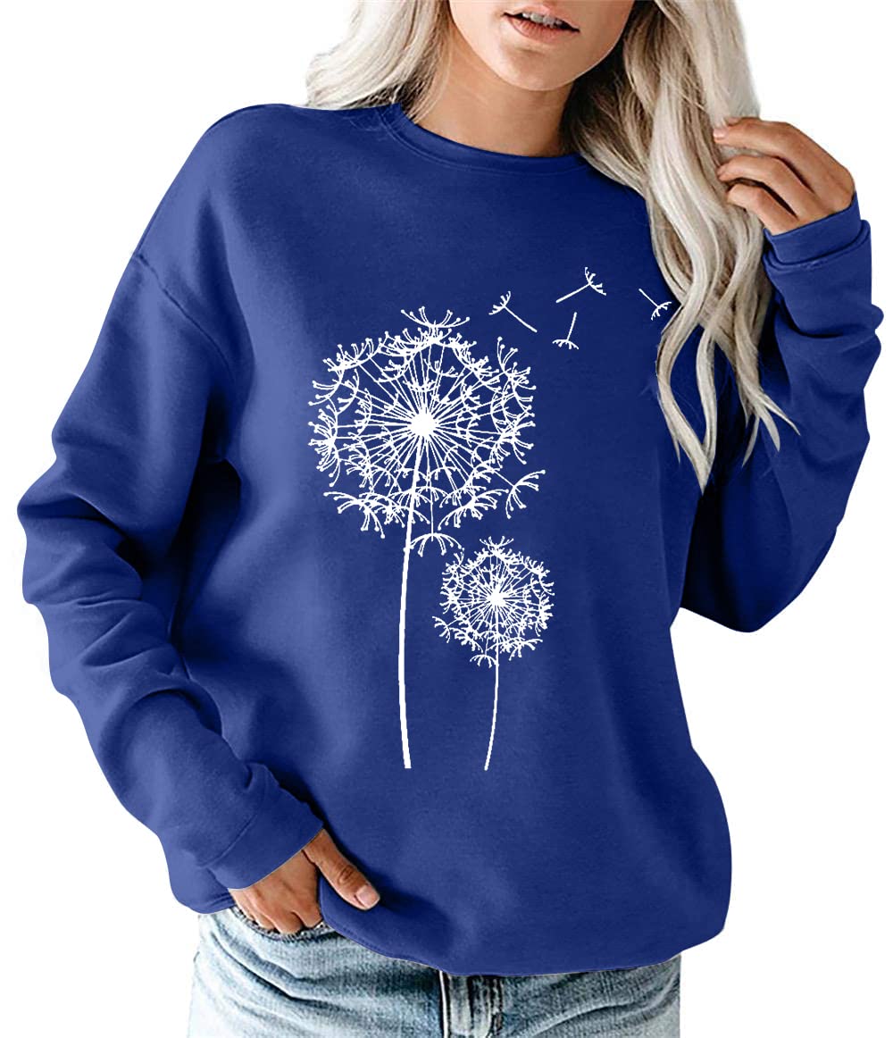 BANGELY Womens Dandelion Sweatshirt Casual Crewneck Loose Pullover Tops Long Sleeve Graphic Tee Shirt Blue