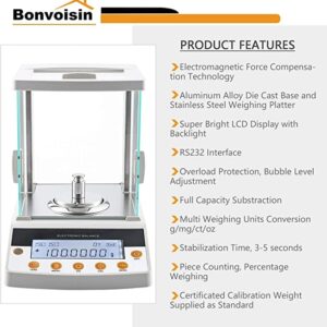 Bonvoisin Digital Analytical Balance 0.1mg High Precision Lab Scale CE Certificated Electronic Balance 0.0001g Scientific Laboratory Scale (220g, 0.1mg)