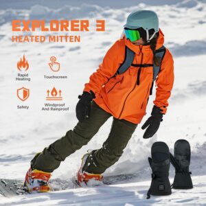 MOUNT TEC Explorer 3 Rechargeable Electric Battery Heated Ski Glove Mitten Snowboard Gloves for Women & Men Heated Gloves Mitten for Hunting Fishing Hiking (Black, XS)