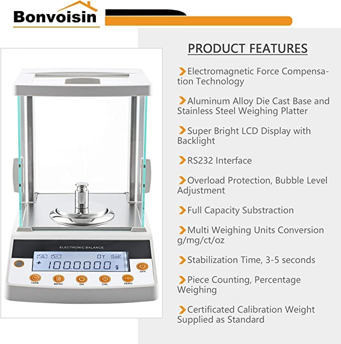 Bonvoisin Digital Analytical Balance 0.1mg High Precision Lab Scale CE Certificated Electronic Balance 0.0001g Scientific Laboratory Scale (300g, 0.1mg)