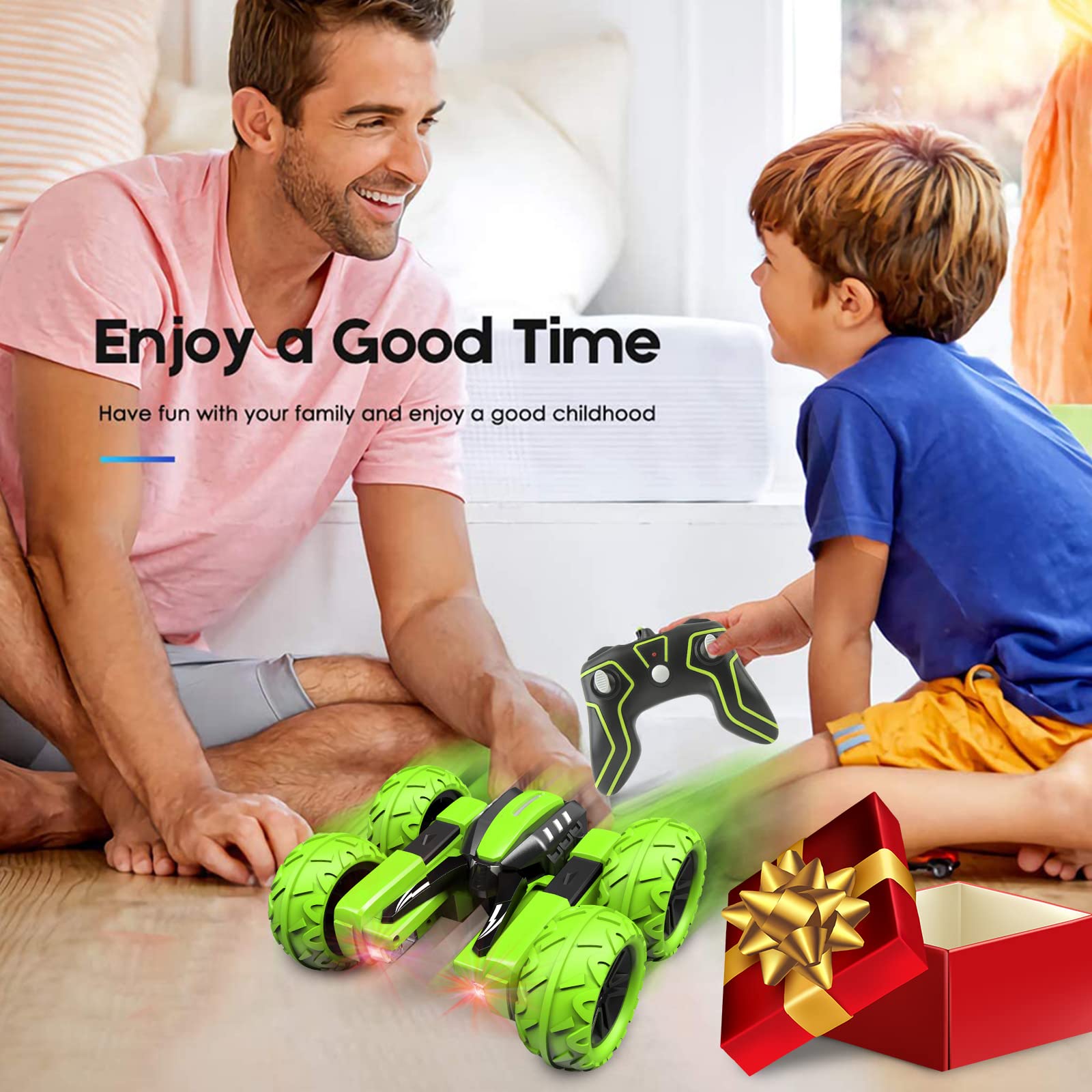 Remote Control Car for Kids 3-12 Years Old, Birthday Gift Toy for Boys Age 4 5 6 7 8, RC Car Stunt with Light 4WD Double Side Racing Vehicle 360° Flips Offroad Indoor Outdoor Sand Grass Garden Green