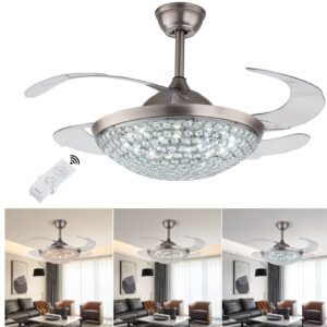 gdntmu ceiling fan with lights remote control 42 inch, modern ceiling fan chandelier invisible 4 retractable blade with 3 light color changes and 3 speeds for dining/living room bedroom