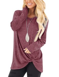 bloggerlove shirts for women casual solid tunic tops to wear with leggings twist knot blouse long sleeve fall clothes red m